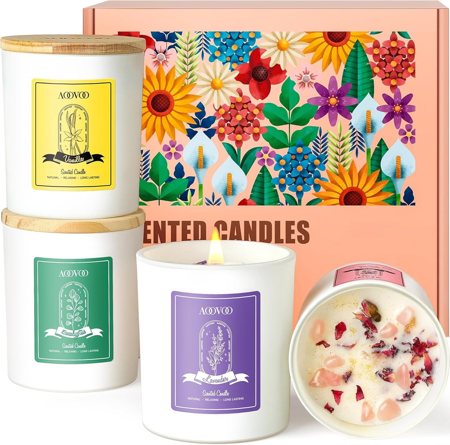 AOOVOO Rose/Vanilla/Eucalyptus/Lavender Scented Candles for Women - Aromatherapy Candle with Crystals Inside, 40oz Soy Candles for Home Scented, Birthday Gifts Mothers Day Candle for Women Mom