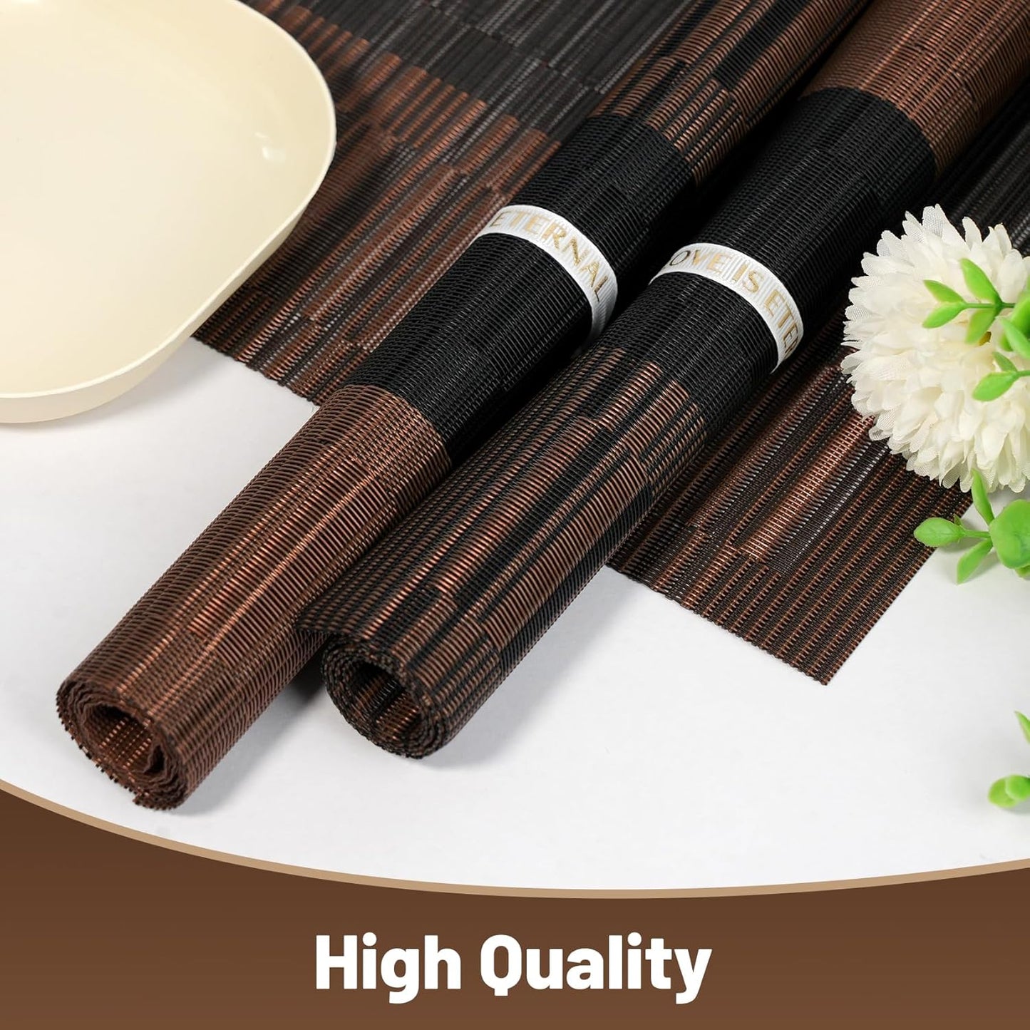 Placemats Set of 8，Non-Slip PVC Weave Table Mats Easy to Clean，Heat Resistant Place Mats for Kitchen Dining Table Decoration Indoor Outdoor，Black Brown