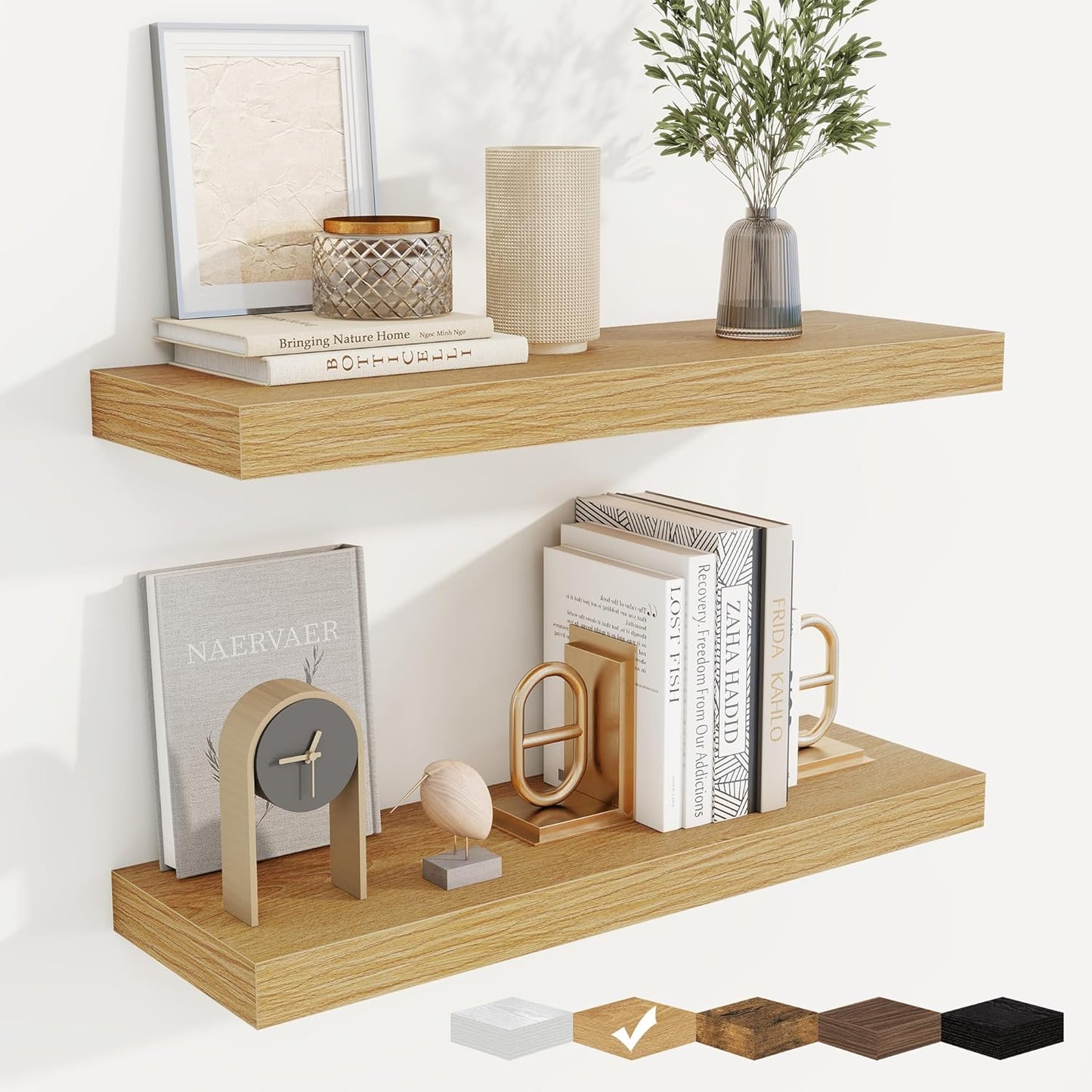 fuqing Floating Shelves for Wall, Bathroom Shelf Wall Mounted for Storage, Shelves with Invisible Bracket for Bedroom, Kitchen, Living Room, Farmhouse Small Book Shelf, 24 Inch Set of 2, Oak