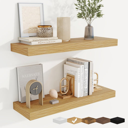 fuqing Floating Shelves for Wall, Bathroom Shelf Wall Mounted for Storage, Shelves with Invisible Bracket for Bedroom, Kitchen, Living Room, Farmhouse Small Book Shelf, 24 Inch Set of 2, Oak