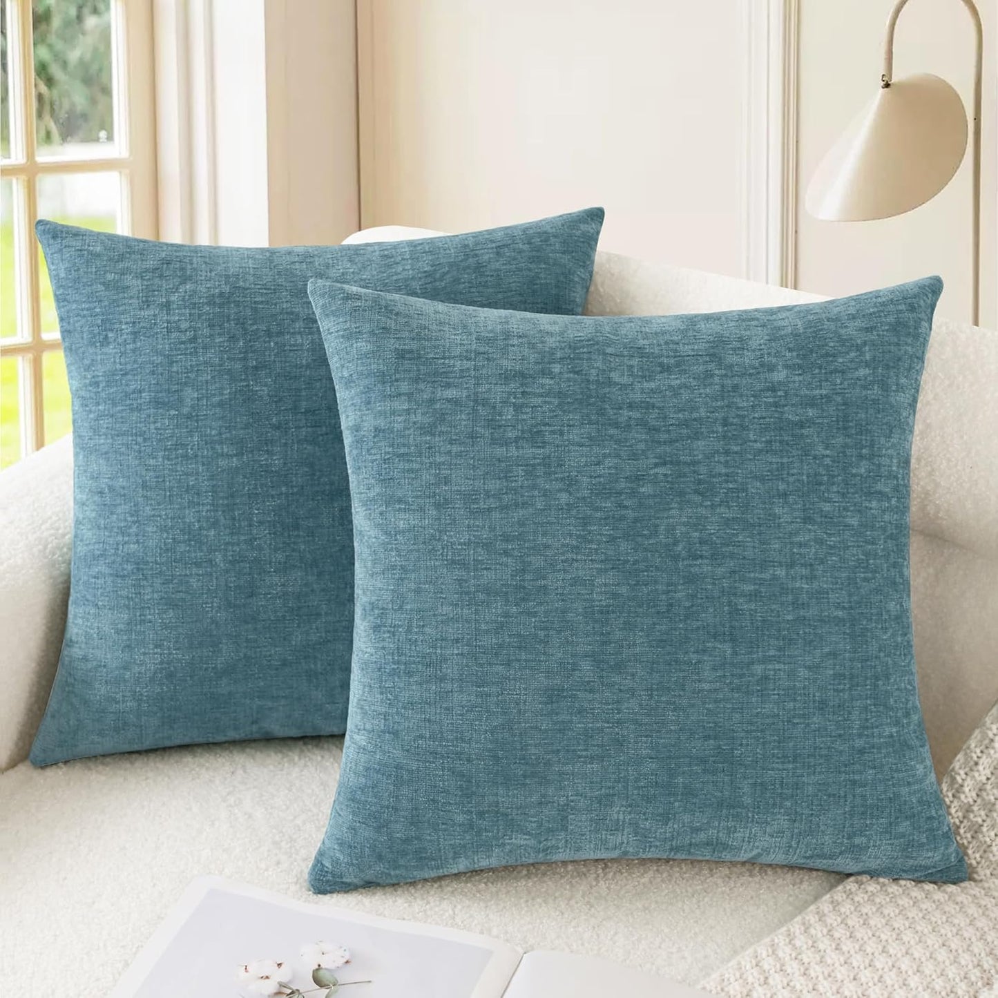 CaliTime Throw Pillow Covers Decorative 18 X 18 Inches Pack of 2 Cozy Chenille Cushion Cases for Couch Sofa Bed Living Room Home Smoke Blue