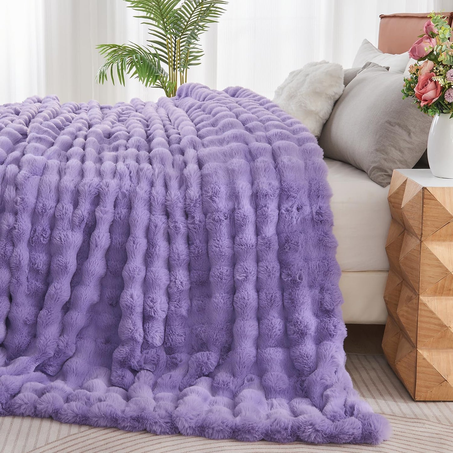 Lotus Karen Faux Fur Throw Blanket Purple - Big Bubble Rabbit Fluff Blanket for Couch Bed Sofa,Softest Fluffy Fuzzy Cozy Blanket,Thick Furry Plush Shaggy Warm Blankets for Women,90x90 Inches