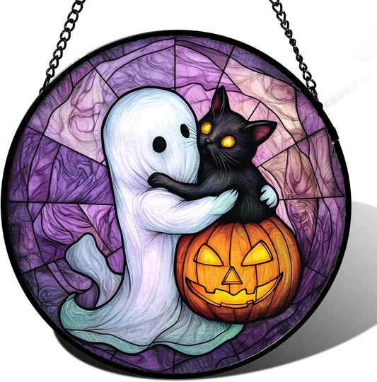 Stained Glass Window Hanging - Halloween Decorations Ghost Black Cat Pumpkin Suncatcher for Door Garden Spooky Purple Sun Catchers Gothic Decor Horror Gifts for Women Men Friend Boy 6.3 in