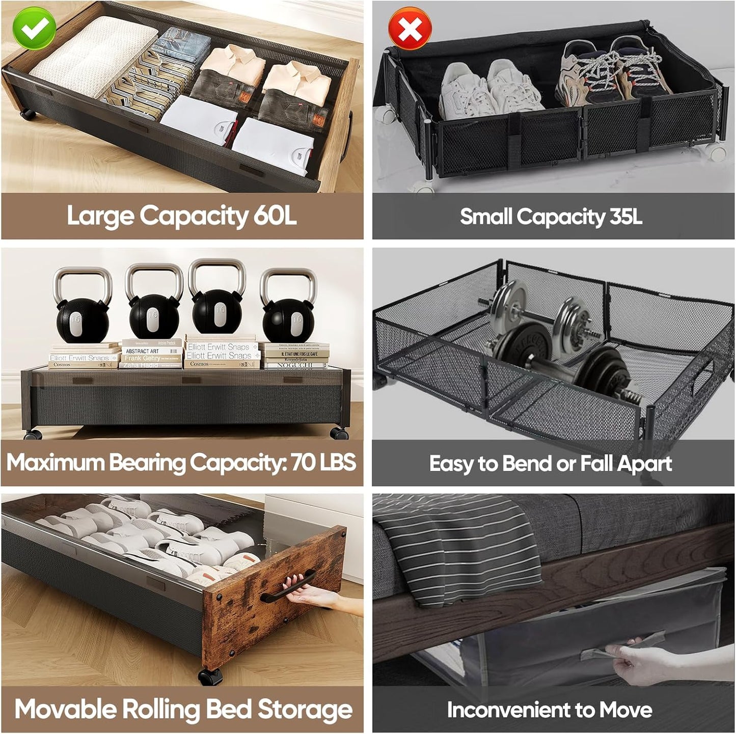 Wooden Under Bed Storage with Wheels, Rolling Under the Bed Storage Bins with Removable Lid, Metal Under Bed Drawers for Clothes and Shoes in Bedroom or Living Room(Walnut Brown-2pack)