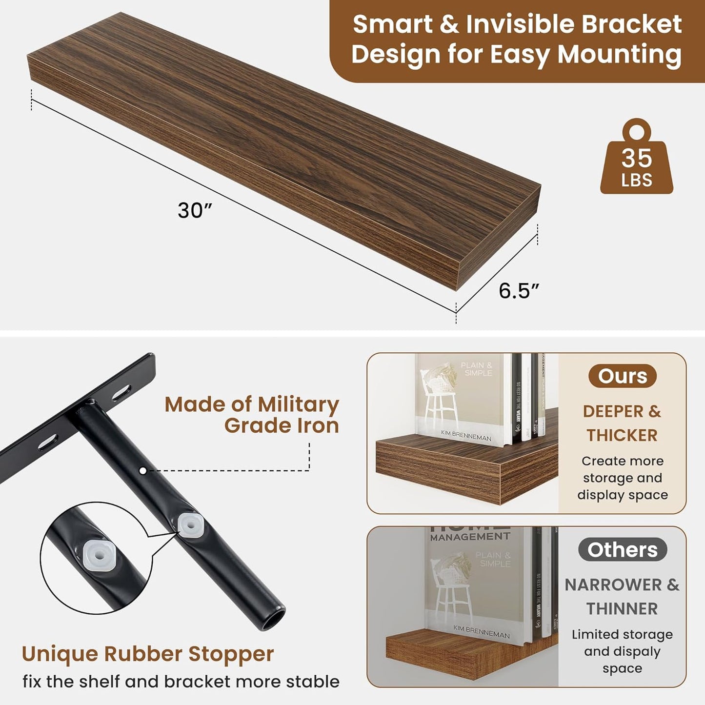 fuqing Floating Shelves for Wall, Bathroom Shelf Wall Mounted for Storage, Shelves with Invisible Bracket for Bedroom, Kitchen, Living Room, Farmhouse Small Book Shelf, 30 Inch Set of 2, Walnut