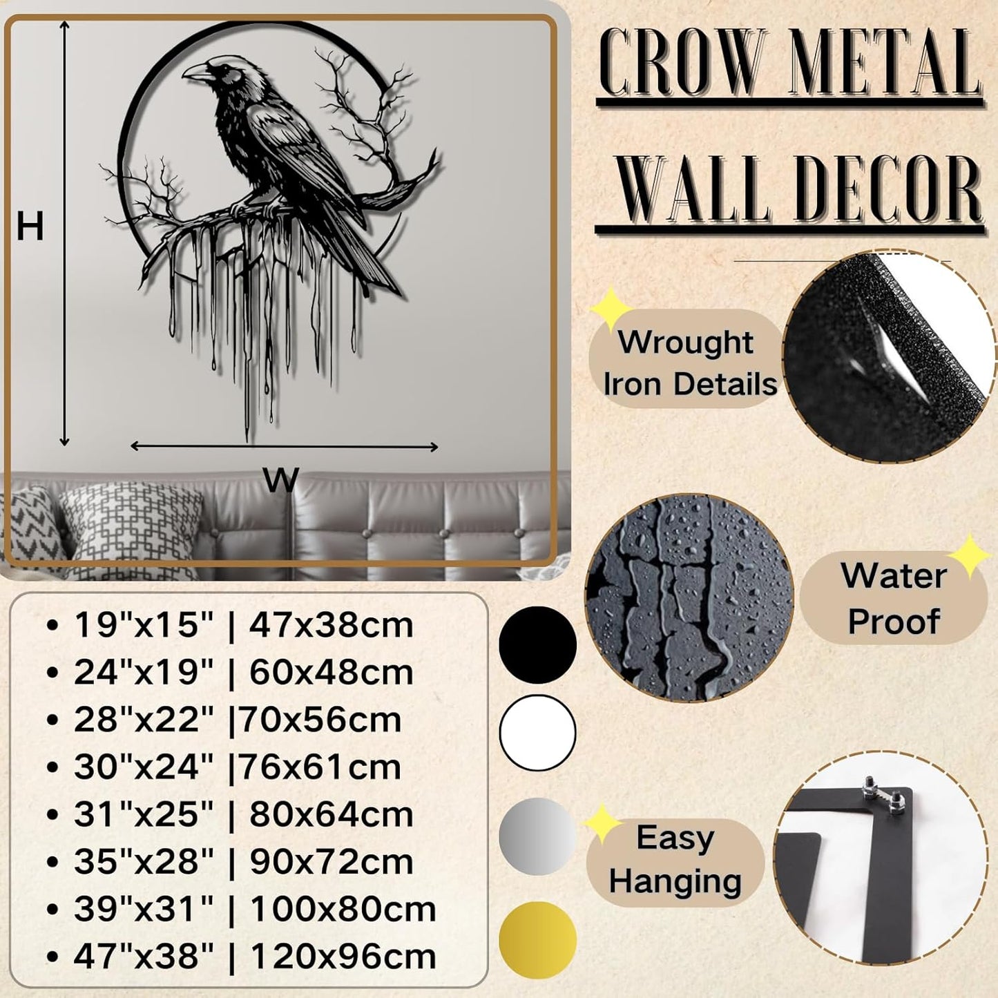 Crow Metal Wall Decor, Raven Wall Art, Large Gothic Raven Decor Hangings, Bird Wall Decor, Metal Tree Branch Decor, Ravens Sign, Raven Art for Living Room (White, 47"x38" | 120x96cm, metal wall art)