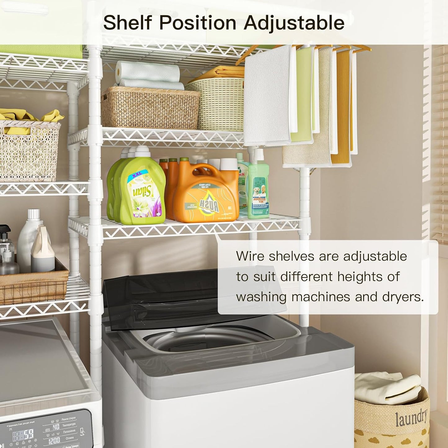 Ulif U13 Over Washer and Dryer Storage Shelves, 6 Tiers Laundry Room Standing Shelf with 2 Hanger Rods, Space Saver Clothes Drying Rack, 63.4" W x 22" D x 77.4" H, White