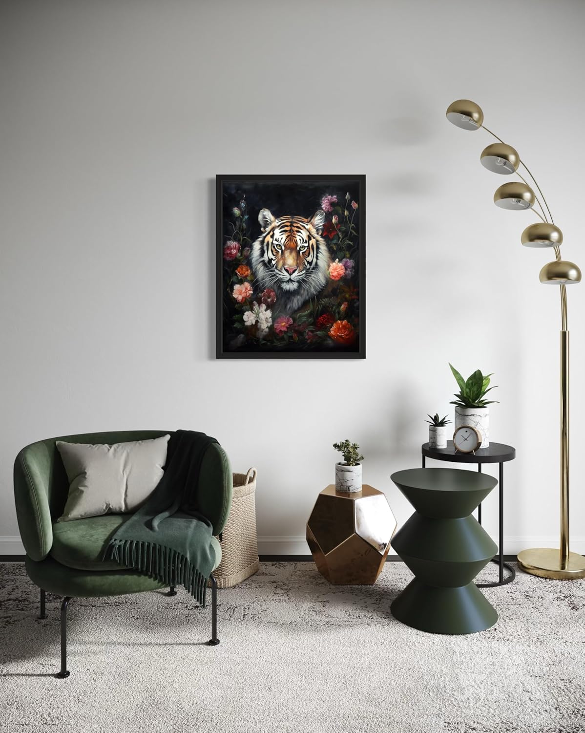 Tiger and Flower Poster Art Print, Halloween Scary Vintage Wall Art Academia Spooky Painting Decoration for Horror Prints, Gothic Posters Bedroom Decor 89 (Tiger and Flower, 8 x 10 inches, Black Frame)
