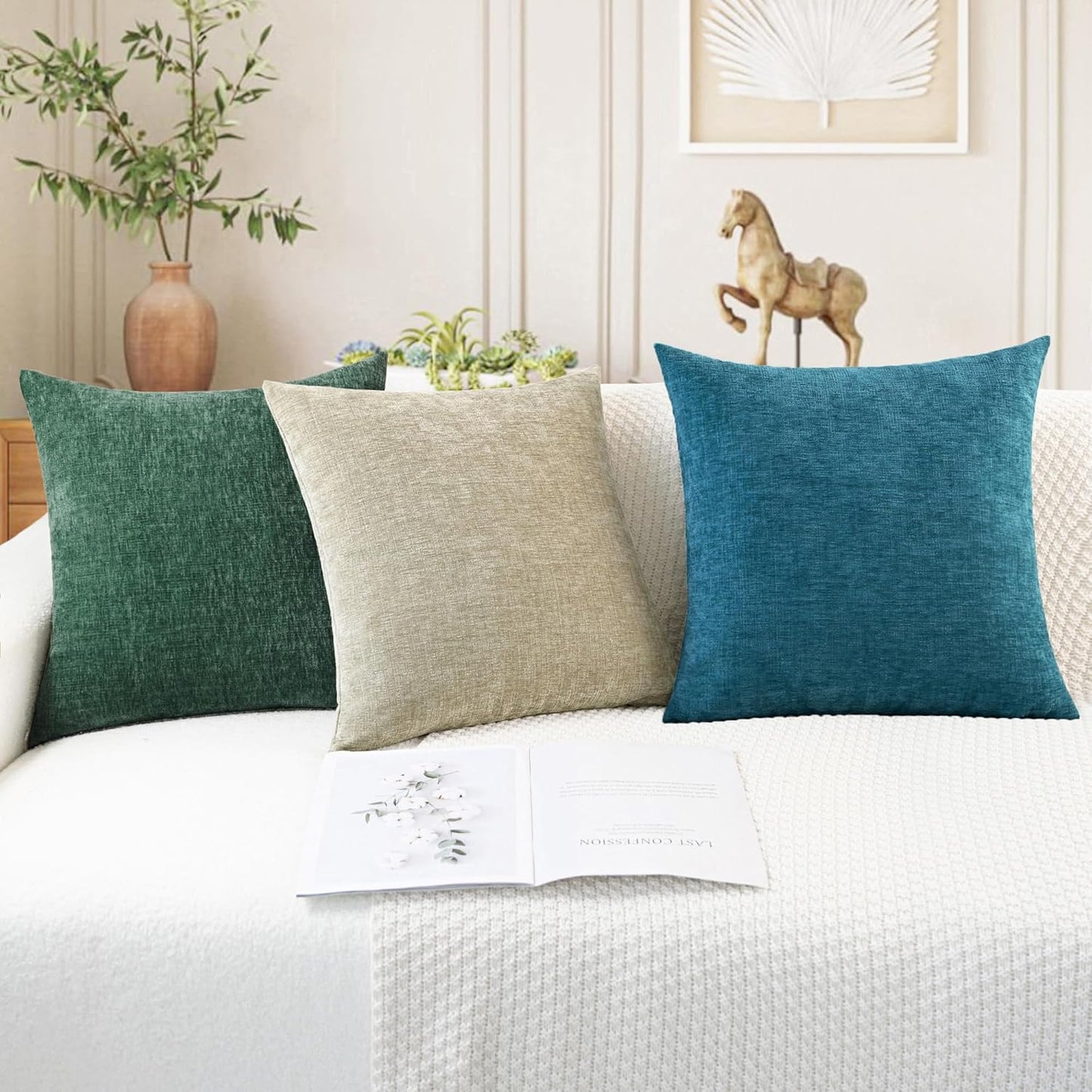 CaliTime Throw Pillow Covers Decorative 16 X 16 Inches Pack of 2 Cozy Chenille Cushion Cases for Couch Sofa Bed Living Room Home Dark Green
