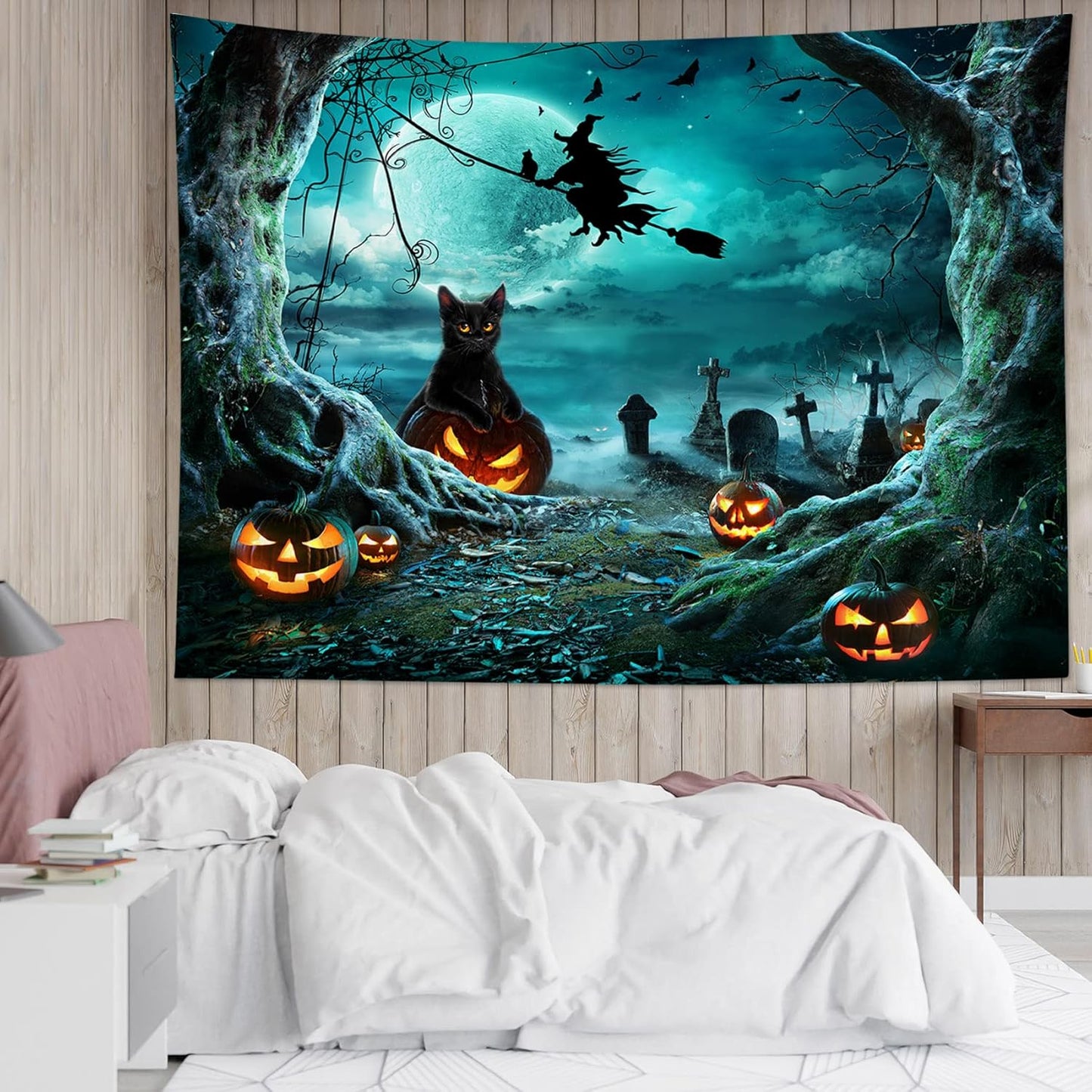 LB Halloween Pumpkin Tapestry Creepy Black Cat Witch Dead Tree in Spooky Graveyard Full Moon Night Halloween Wall Hanging for Bedroom Living Room Dorm Holiday Party Decor 48x36 Inch
