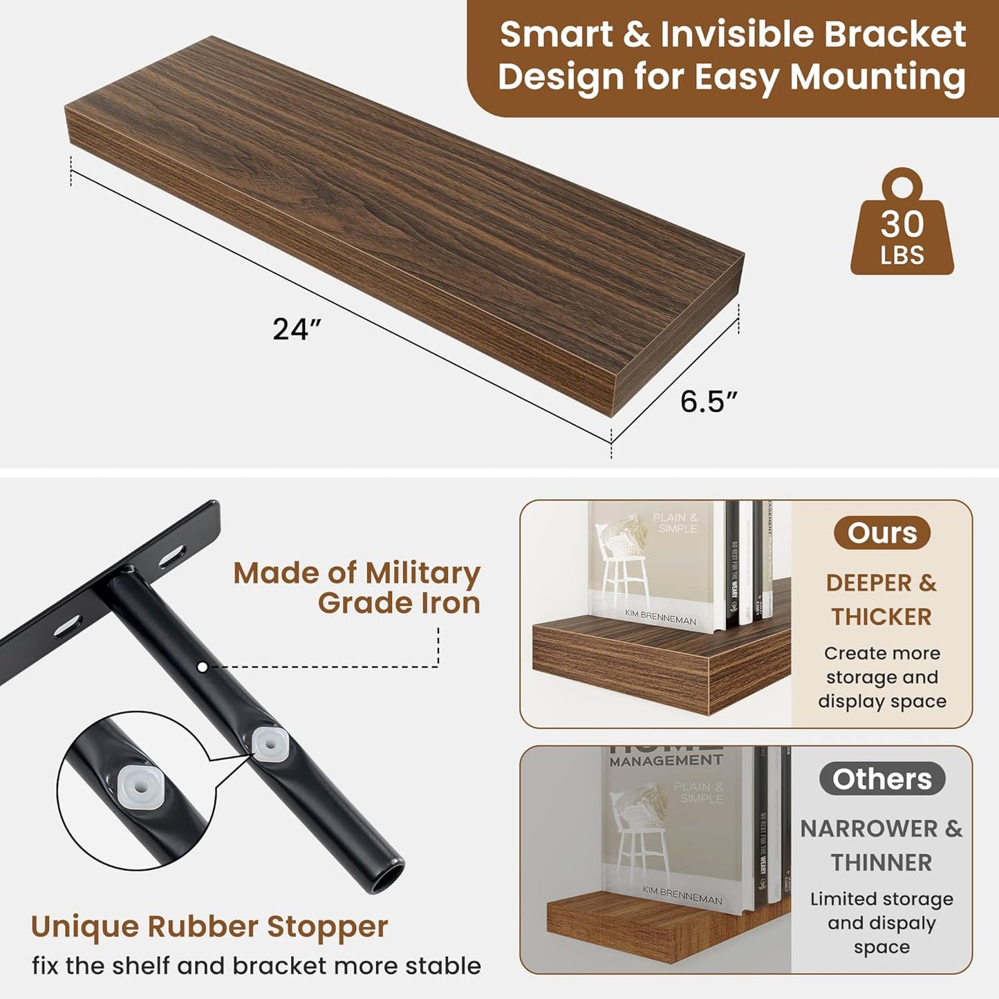 fuqing Floating Shelves for Wall, Bathroom Shelf Wall Mounted for Storage, Shelves with Invisible Bracket for Bedroom, Kitchen, Living Room, Farmhouse Small Book Shelf, 24 Inch Set of 2, Walnut