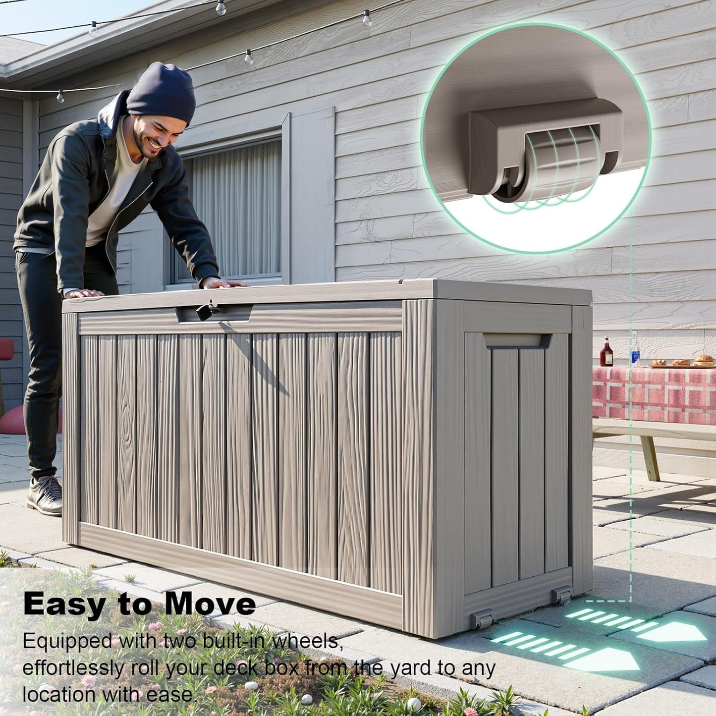 76 Gallon Outdoor Deck Box,Storage Lockable Waterproof Patio Furniture,Garden Tools,Cushions,Pool Accessories Outside Storage Resin Box(Grey)