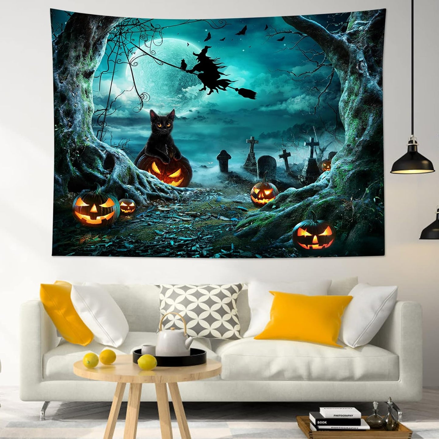LB Halloween Tapestry Pumpkins Black Cat Dead Tree in Spooky Graveyard Full Moon Night with Witch Halloween Wall Hanging for Bedroom Living Room Dorm Decor 59x51 Inch