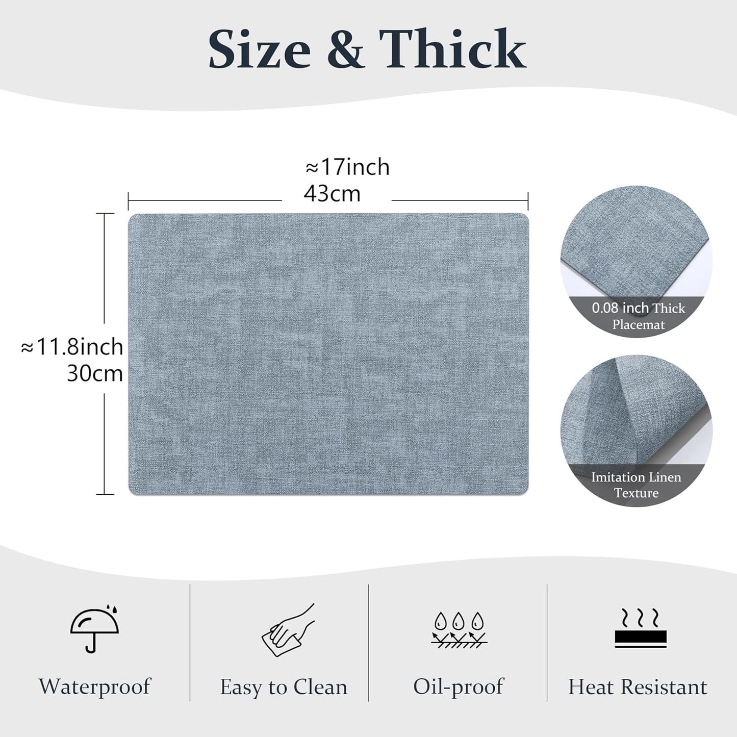 FROMHEART Faux Leather Placemats Set of 8–Waterproof,Heat/Oil Stain-Resistant PU Table Mat–Reversible,Non-Slip,Easy to Clean Place Mats for Kitchen,Dining,Indoor/Outdoor,(Light Blue,11.8" x 17")