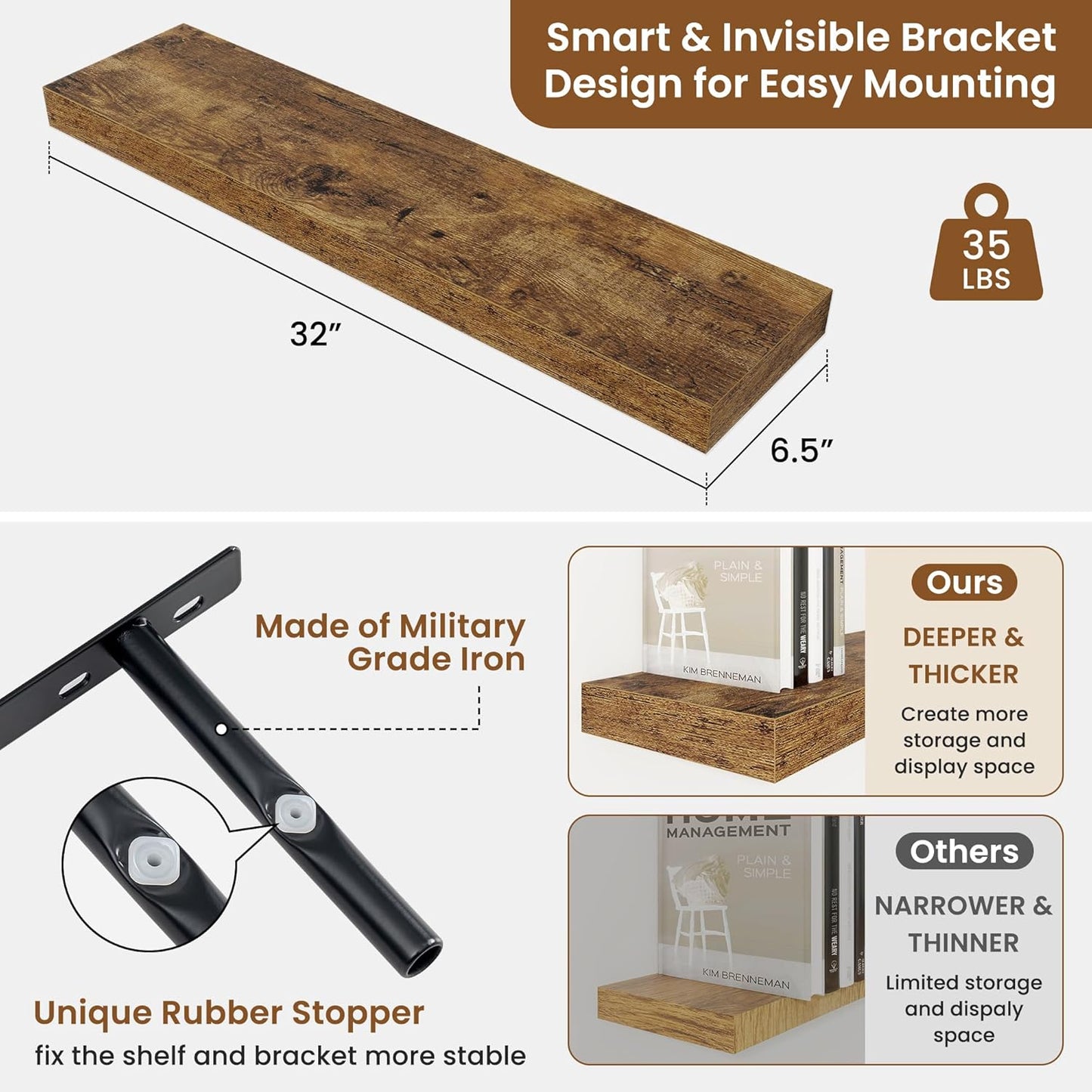 fuqing Floating Shelves for Wall, Bathroom Shelf Wall Mounted for Storage, Shelves with Invisible Bracket for Bedroom, Kitchen, Living Room, Farmhouse Small Book Shelf, 32 Inch Set of 2, Rustic Brown