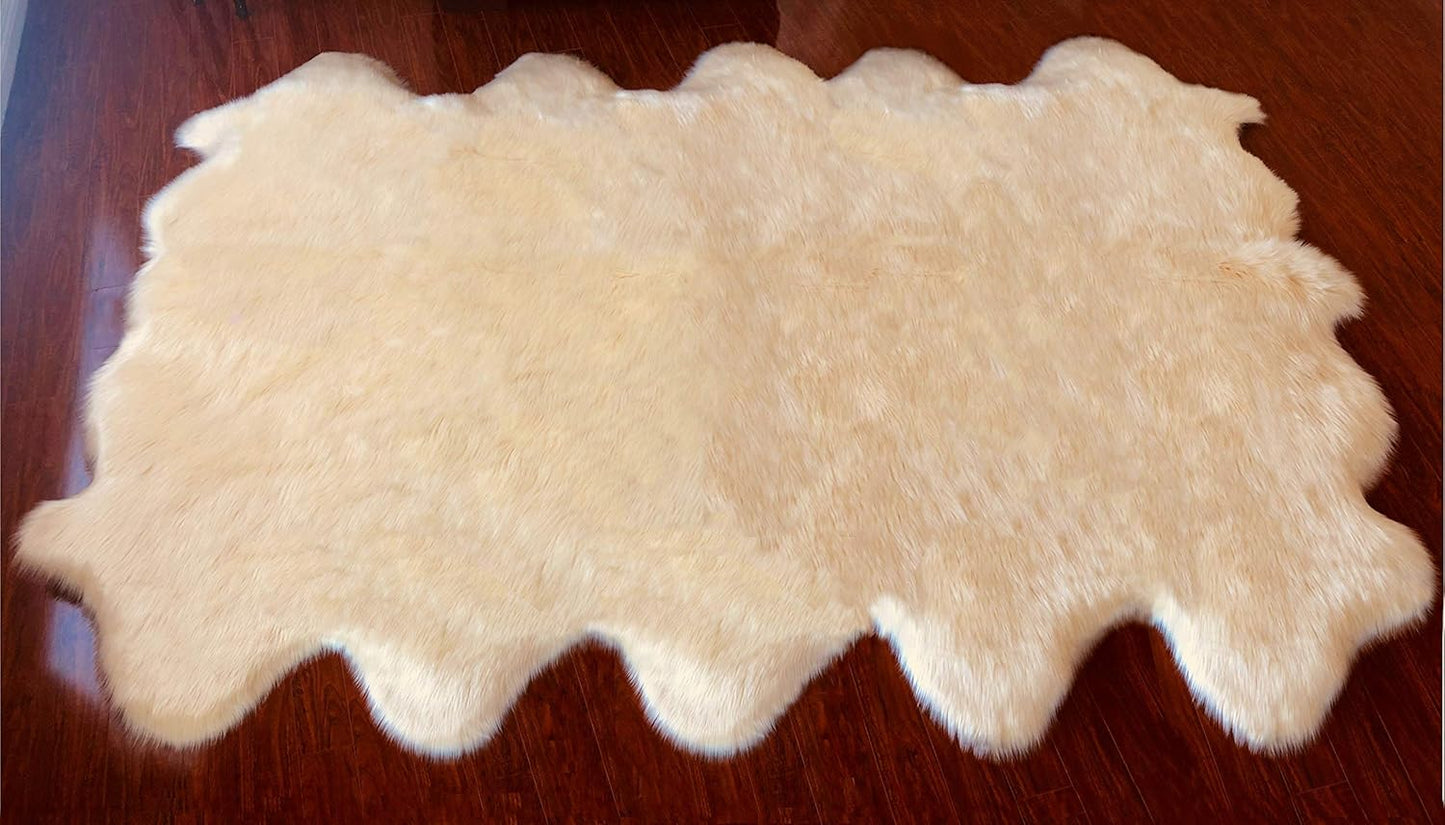 LAMBZY Faux Sheepskin Hypoallergenic Free Shape Silky Shag Rug, Luxury Shaggy Plush Carpet for Bedrooms Rugs Living Room Kids Rooms Sofa Floor (Decto 10 Pelts 6'x10', Cream)