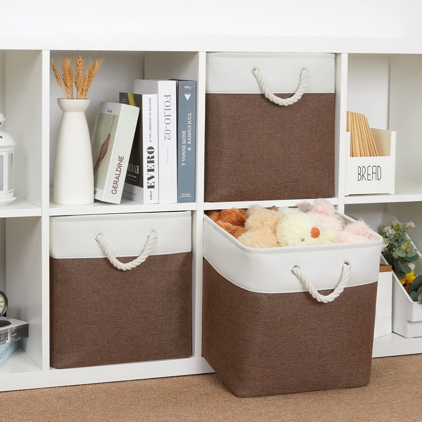 Bidtakay Collapsible Rustic Cube Storage - Brown Cloth Baskets with Handles, 13x13x13 Inch, Set of 3 Fabric Storage Bins
