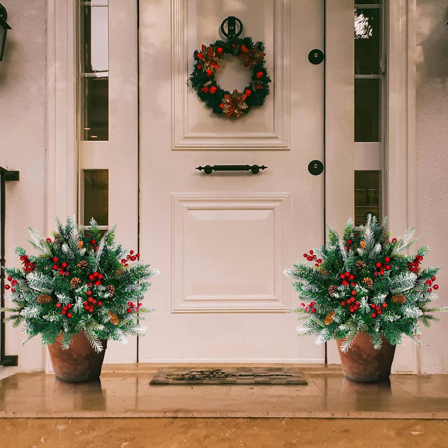 2 Pack Lighted Artificial Christmas Urn Filler, Battery Operated Pre-lit Xmas Pine Trees, Tripod Stake and 60 LED Lights, Holiday Porch Decorations for Porch, Yard, Garden, Flower Beds（Multicolor）