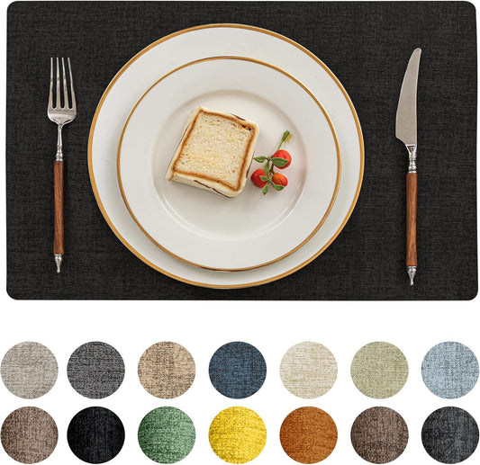 Romanstile Vinyl Placemats Set of 4-12 X 18 Inch - Heat Resistant Place Mats 100% Waterproof Oilproof Wipeable Reversible Faux Leather Table Mats for Kitchen/Dining/Party/Holiday, Black