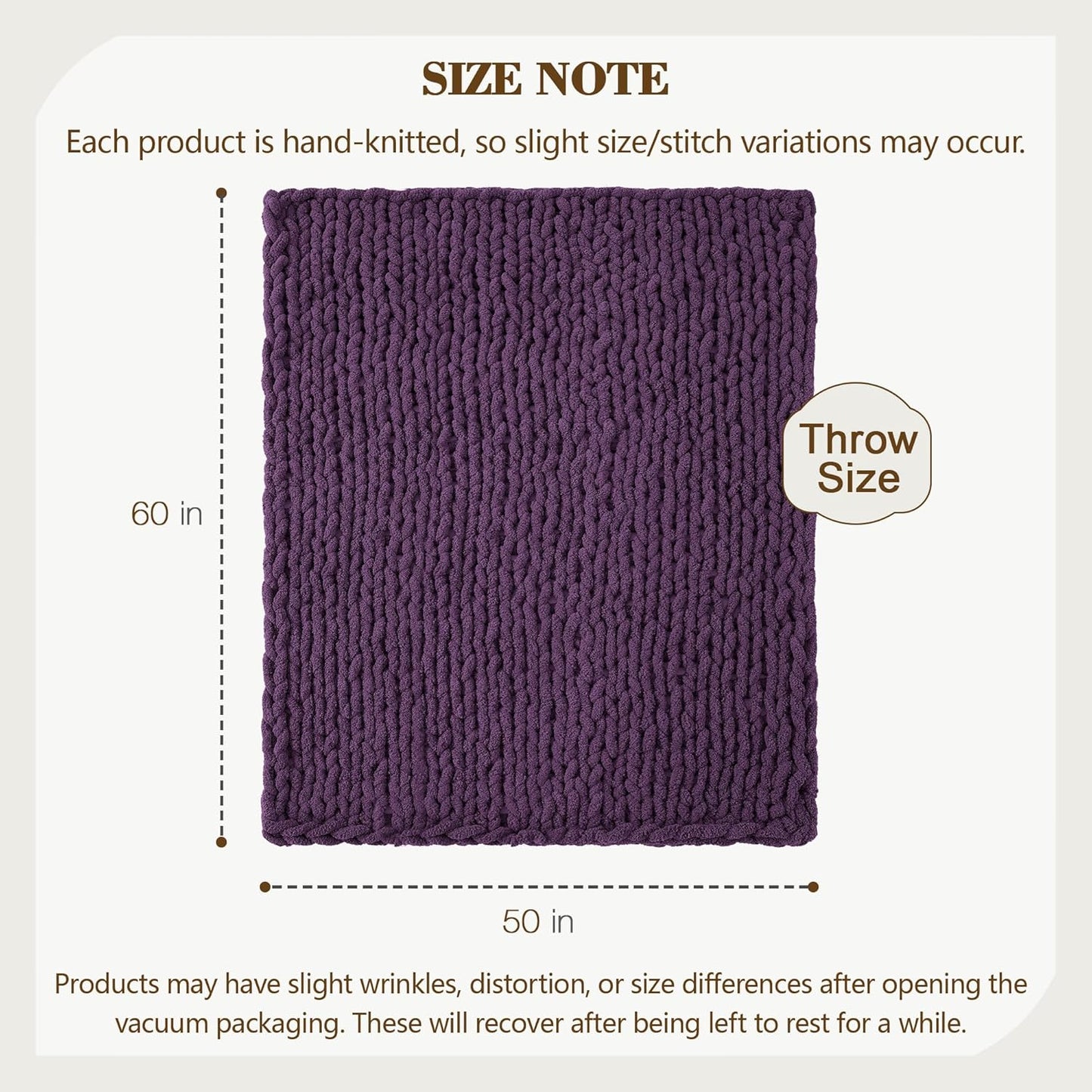 Carriediosa Chunky Knit Throw Blanket 50" X 60", 100% Hand Made Large Chenille Loop Yarn Soft Fluffy Throws for Couch Sofa Bed, Big Crochet Cozy Heavy Thick Cable Woven Blanket, Dark Purple