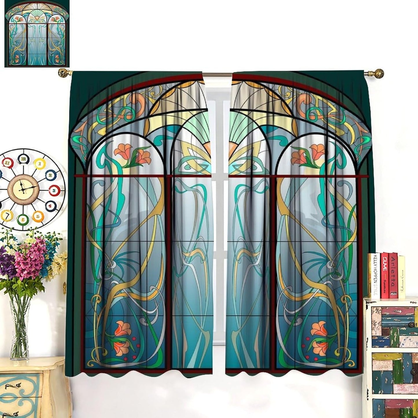 Stained Glass Curtains, Retro Mid Century Boho Abstract Art Home Decor Drapes for Bedroom Living Room Kitchen Window Treatment 2 Panels Set Total Size 42" W X 63" L Inch