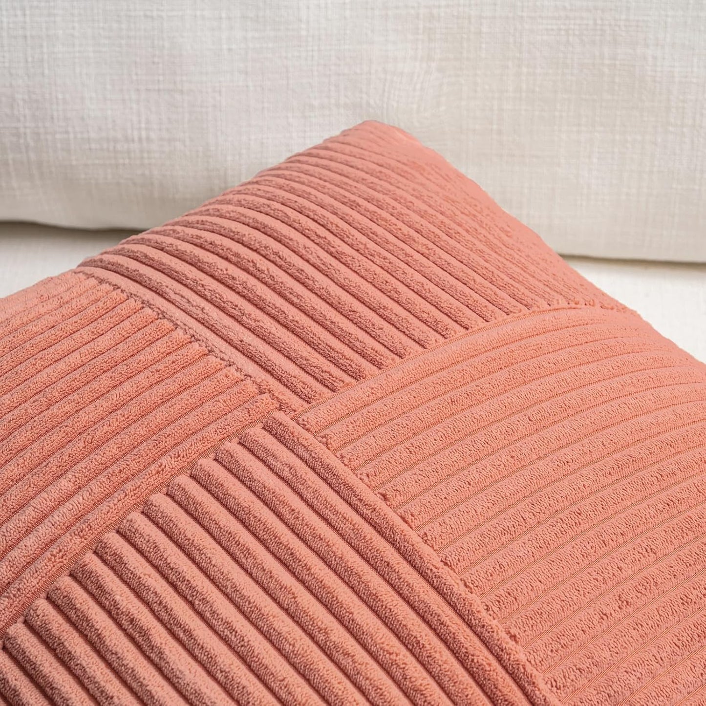 Fancy Homi 2 Packs Coral Long Lumbar Decorative Throw Pillow Covers 16x24 Inch for Couch Bed Sofa, Rustic Farmhouse Boho Home Decor, Soft Striped Corduroy Rectangle Accent Peach Cushion Case 40x60 cm