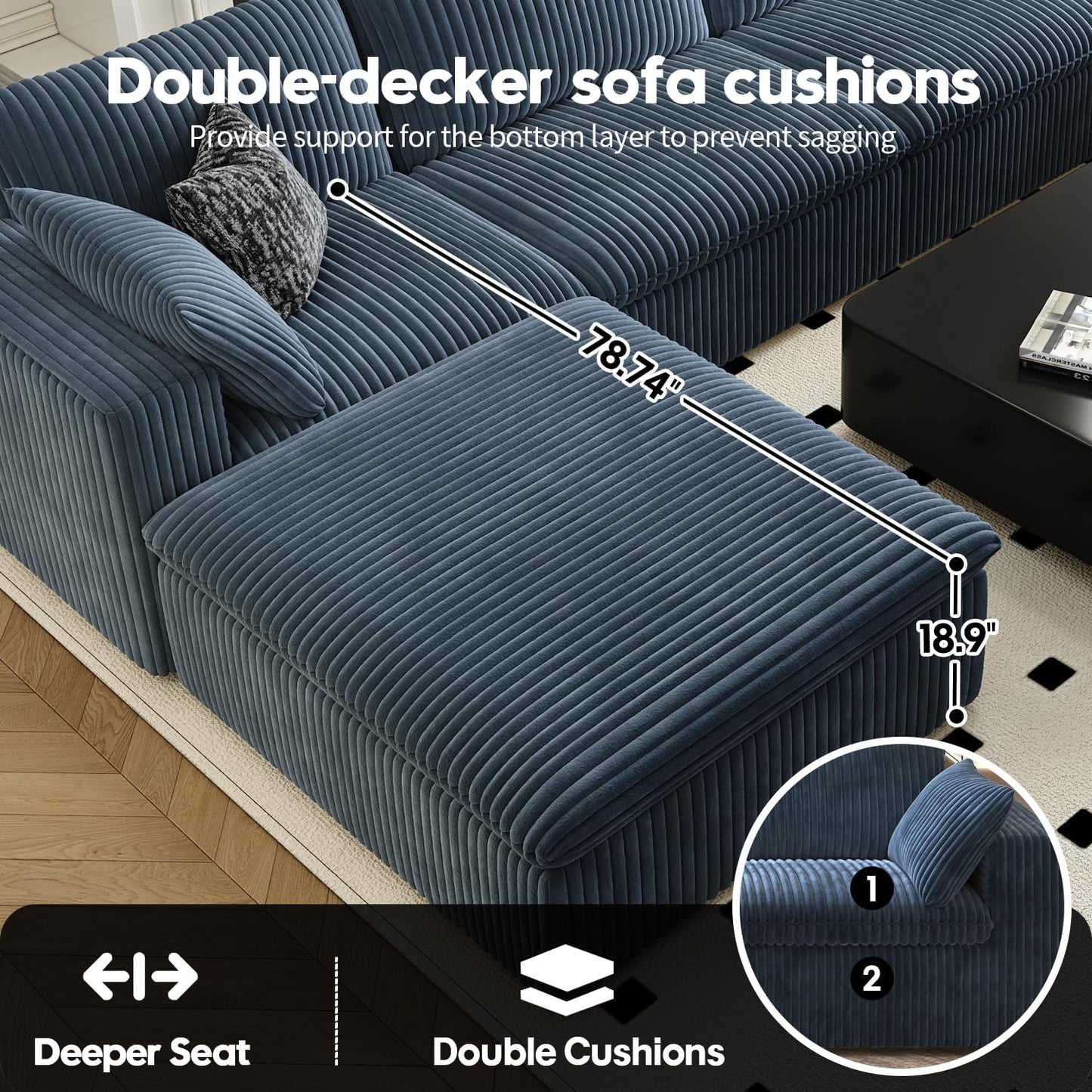 118" Cloud Couch Modular Sectional Sofa for Living Room,Modern Sofa with Deep Seat，L-Shape Boneless Couch with Ottoman,Comfy Upholstered Corduroy Couches for Apartment, Studio, Office,Bedroom，Blue