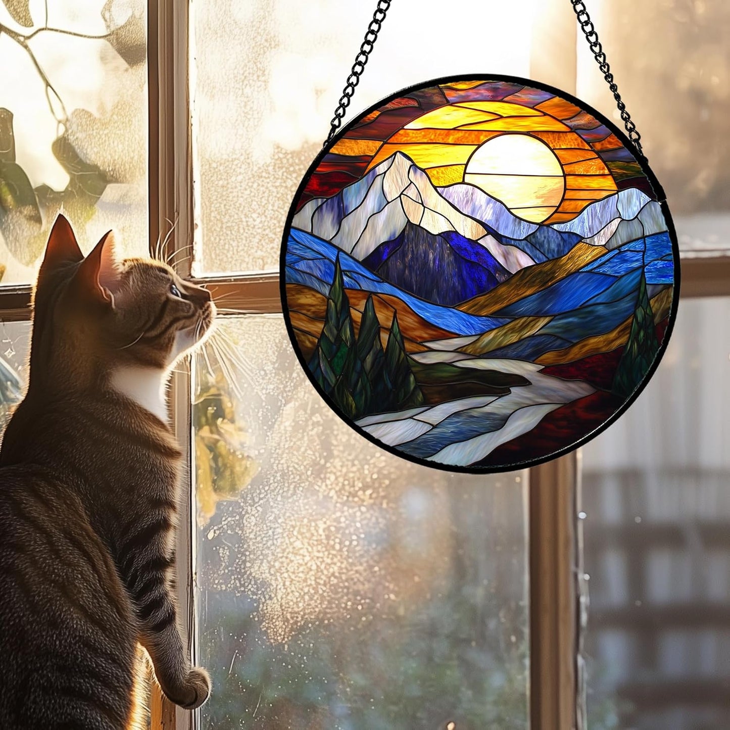 Stained Glass Window Hanging, Yellow Blue Sunset Mountains Scenery Sun Catcher for Window Home Decor Landscape Suncatcher Mother's Day Birthday Gifts for Women Men Mom and Nana 15 in