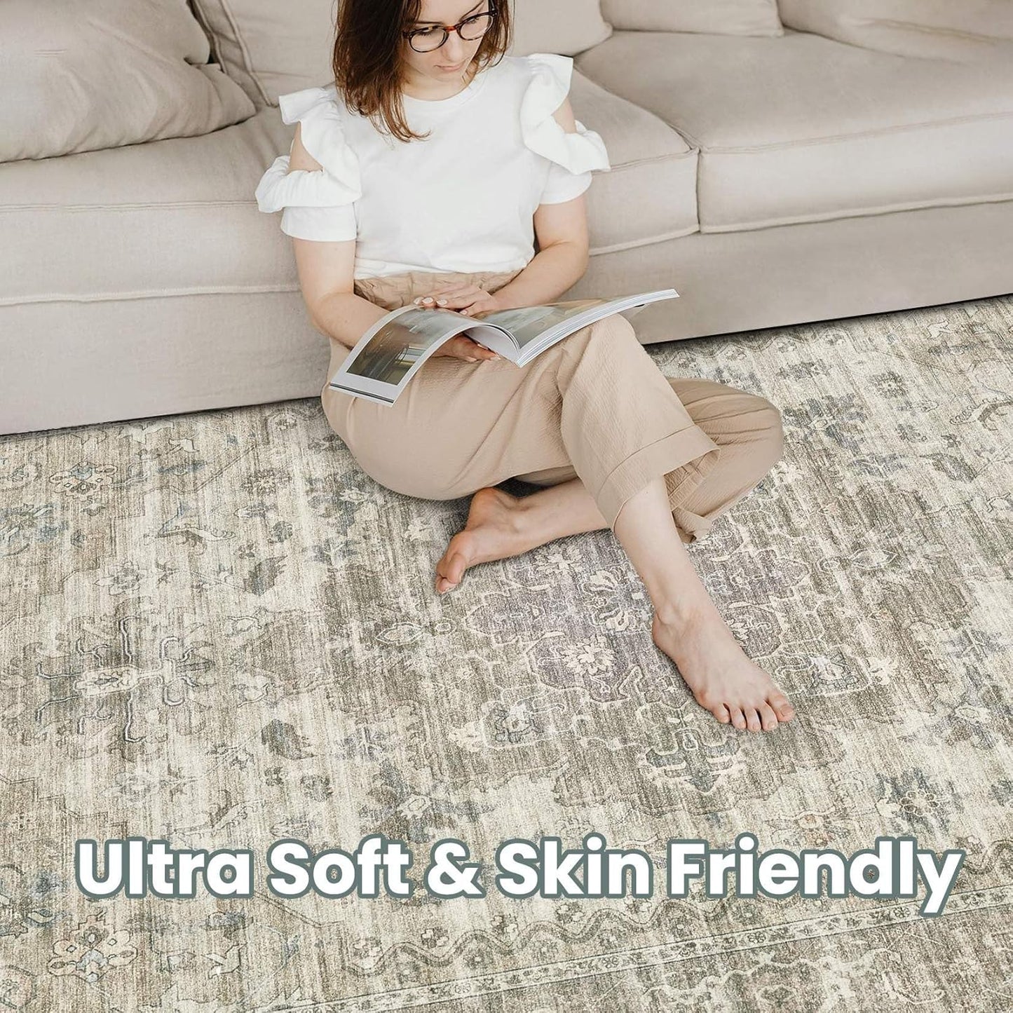 Washable Area Rugs for Living Room -10x14 Neutral Vintage Distressed Floral Farmhouse Boho Large Soft Floor Rug Indoor Non Slip Carpet for Living Room Bedroom Dining Room Office -Brown/Tan