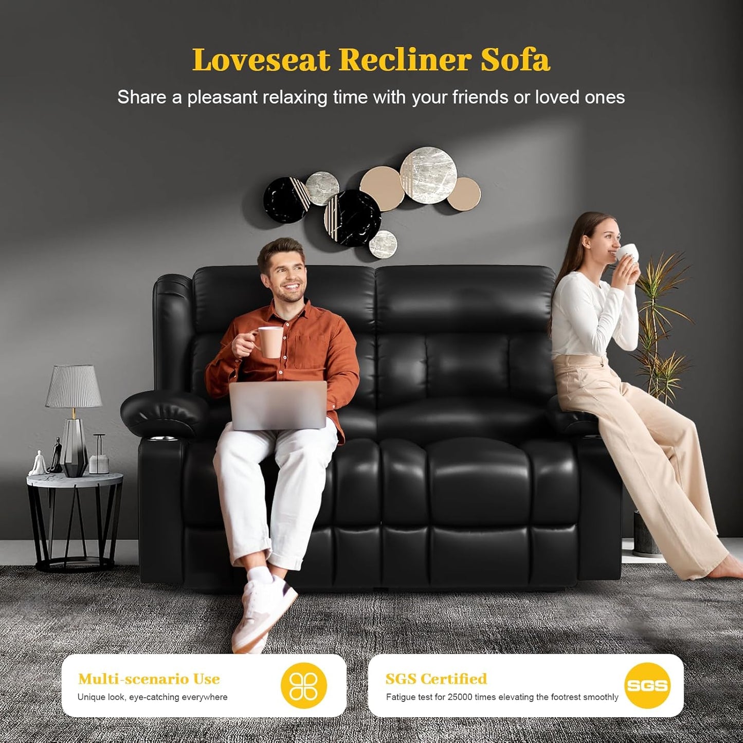 Loveseat Recliner Sofa Set with 2+1+1 Pieces, 2 Seater Minimalist Style Manual Pull Tab Reclining Loveseat with USB Charge Ports, Cup Holders, Recliner Couches for Living Room, RV, Black