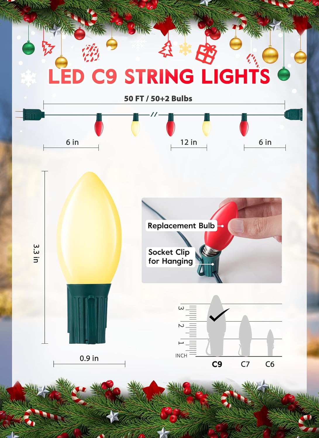Vintage C9 LED Christmas Lights Outdoor, 50 Feet C9 String Lights with 50 Shatterproof Matte Bulbs, Connectable Waterproof Lights for Holiday Party Roofline Backyard Garden Patio, R & Warm White
