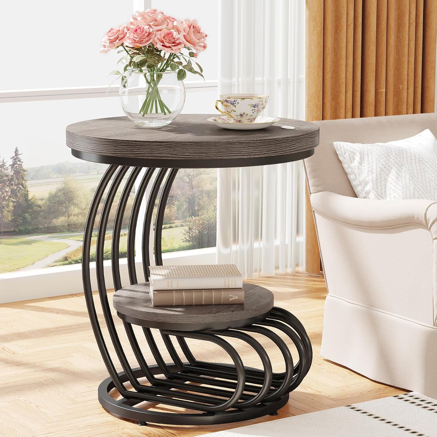 Tribesigns Round End Table: 2 Tiers Wood Side Table Set of 2 with Storage Shelf, Rustic Gray Bedside Nightstand, Accent Table for Living Room, Bedroom