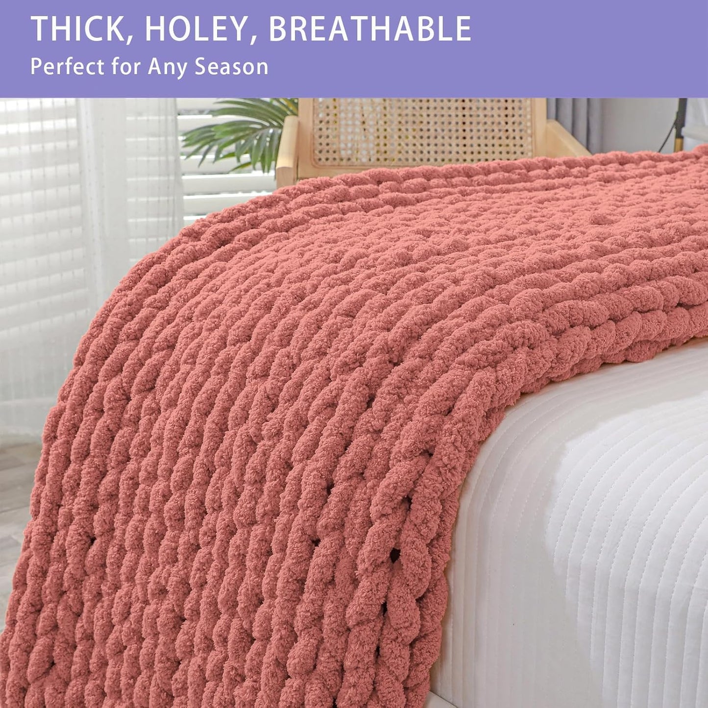 Bigacogo Chunky Knit Throw Blanket for Couch, 40x40 inches, 100% Hand Knitted with Thick Jumbo Chenille Yarn, Cozy Soft Large Rope Knot Cable Crochet Blankets for Sofa Bed Living Room, Antique Red