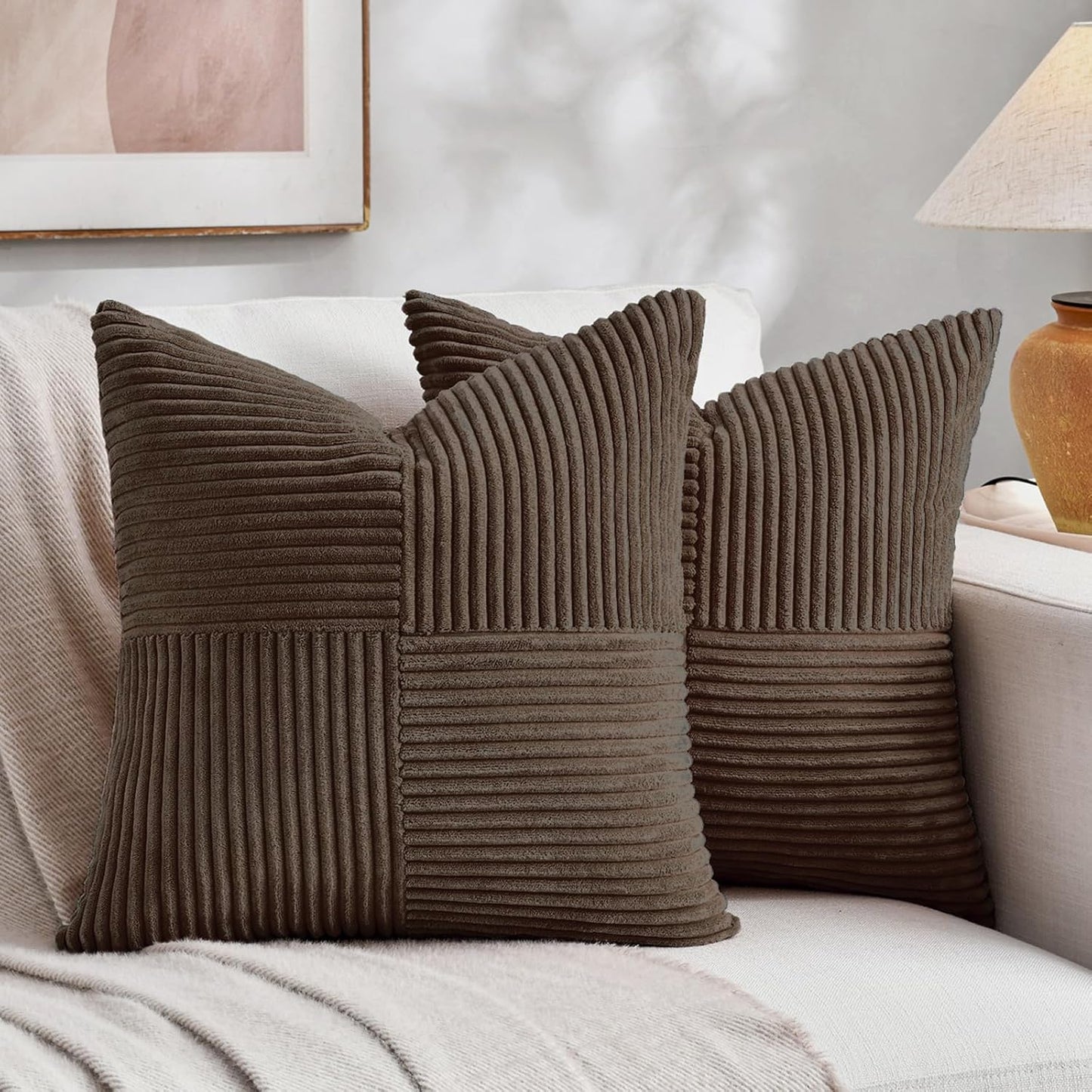 Fancy Homi 2 Packs Dark Brown Big Decorative Throw Pillow Covers 24x24 Inch for Living Room Couch Bed, Farmhouse Boho Home Decor, Soft Corss Corduroy Patchwork Accent Square Cushion Case 60x60 cm