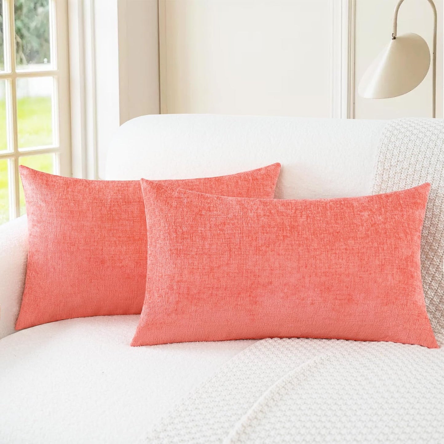 CaliTime Throw Pillow Covers Decorative 12 X 20 Inches Pack of 2 Cozy Chenille Cushion Cases for Couch Sofa Bed Living Room Home Living Coral
