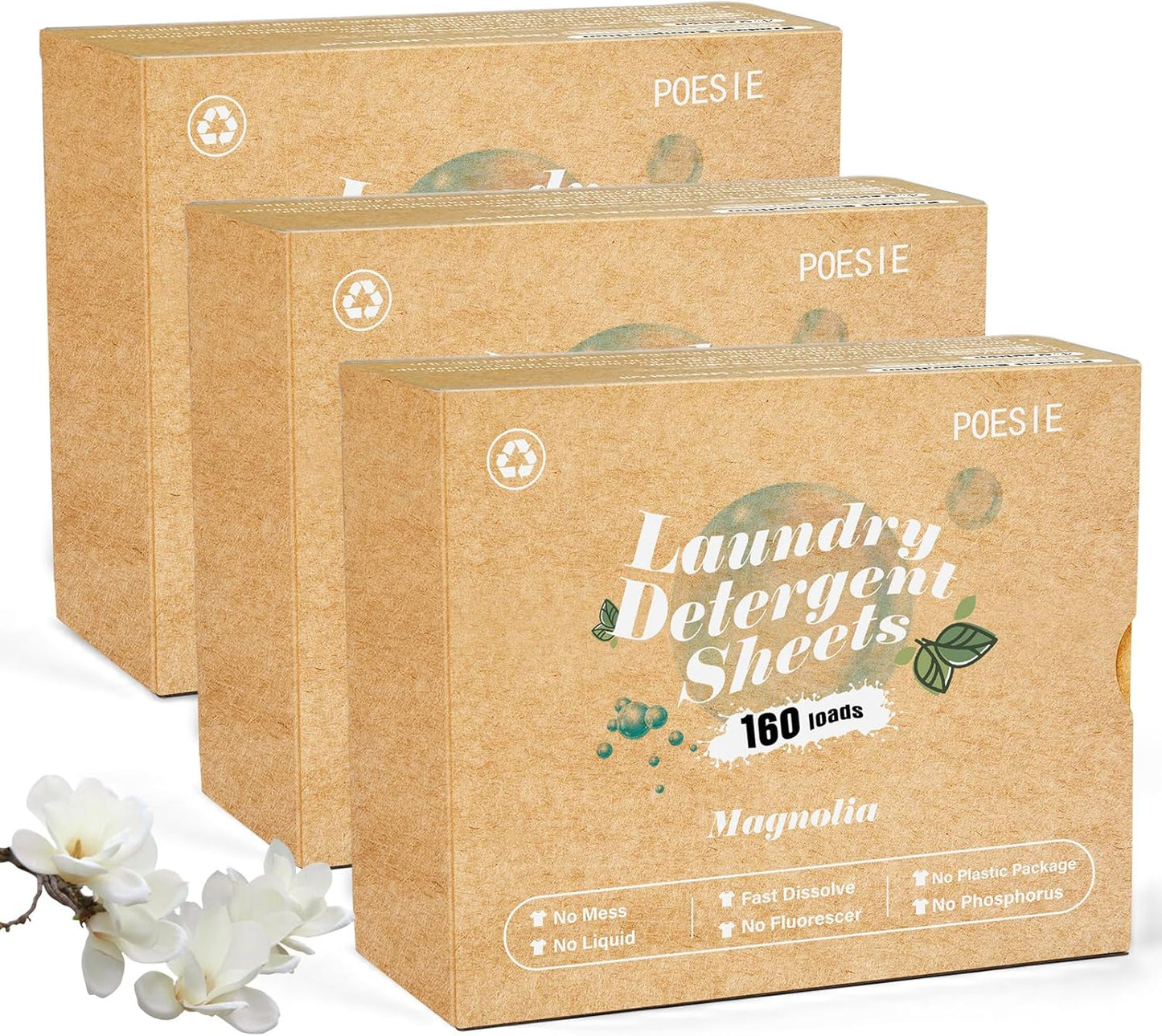 Poesie Laundry Detergent Sheets Magnolia Scent 3 Pack 480 Strips Liquid Less Effective Cleaning Zero Waste for All Washing Machine Traveling Dorm Life Save Space