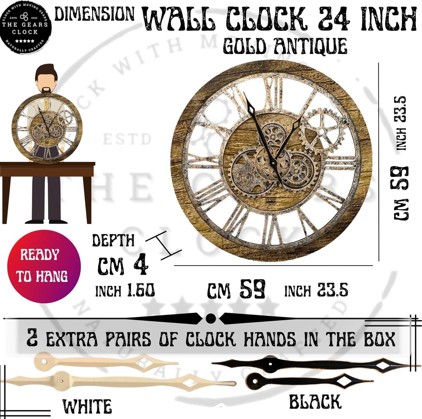 The Gears Clock The Original Real Moving Gear Wall Clock Vintage Industrial Oversized Rustic Farmhouse (24 inch (60cm),Gold Antique)