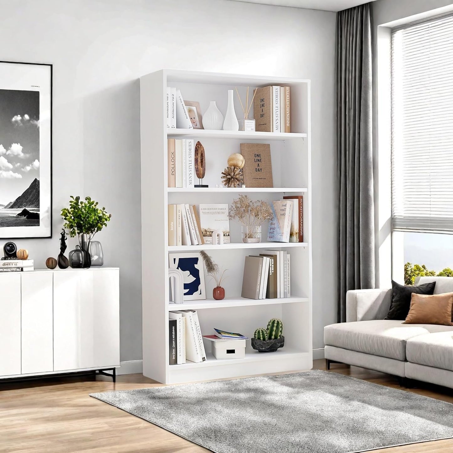 Bookshelf, Open Modern Bookshelf, 5 Shelf Bookcase with Freestanding Display Storage, Wooden Book Shelf for Bedroom, Living Room, Dinning Room, Office, 60 Inch, White