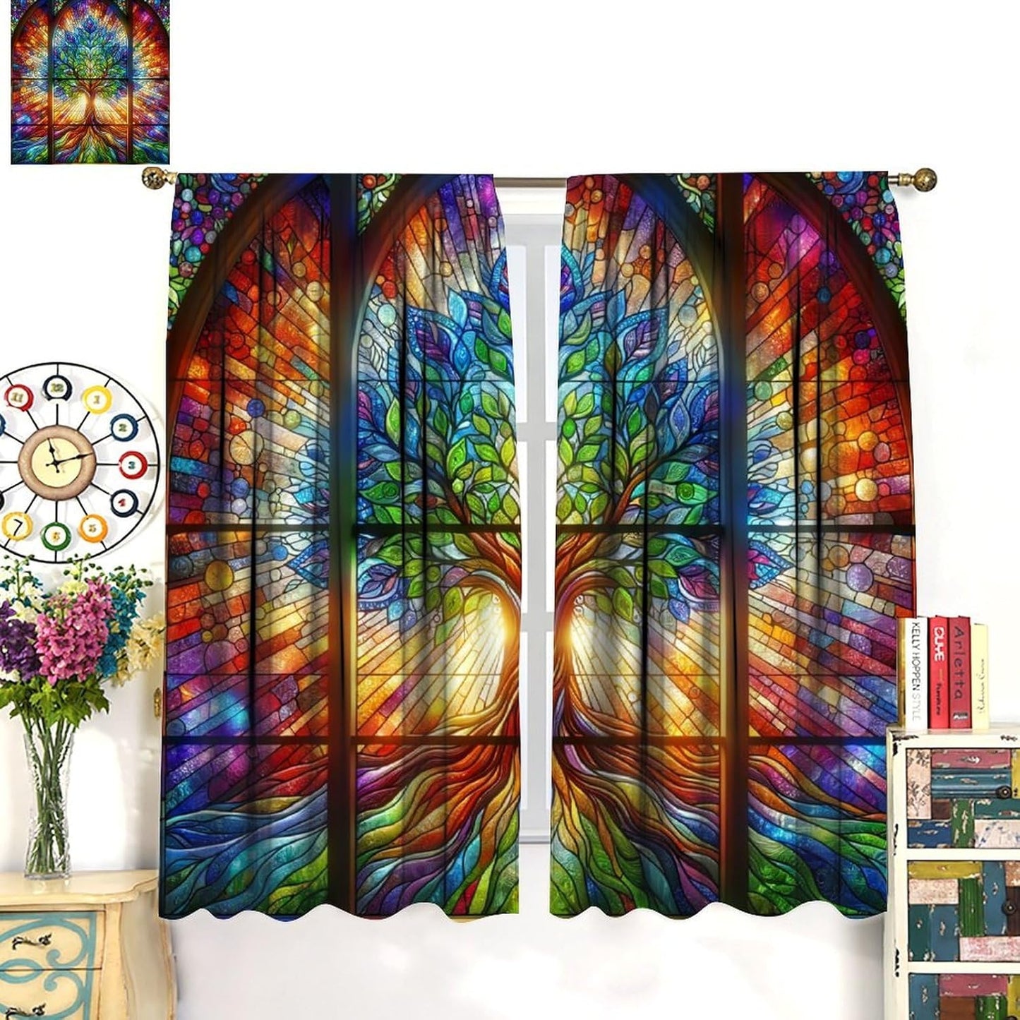 Stained Glass Curtains,Tree of Life Colorful Abstract Art Home Decor Drapes for Bedroom Living Room Kitchen Window Treatment 2 Panels Set Total Size 42" W X 63" L Inch
