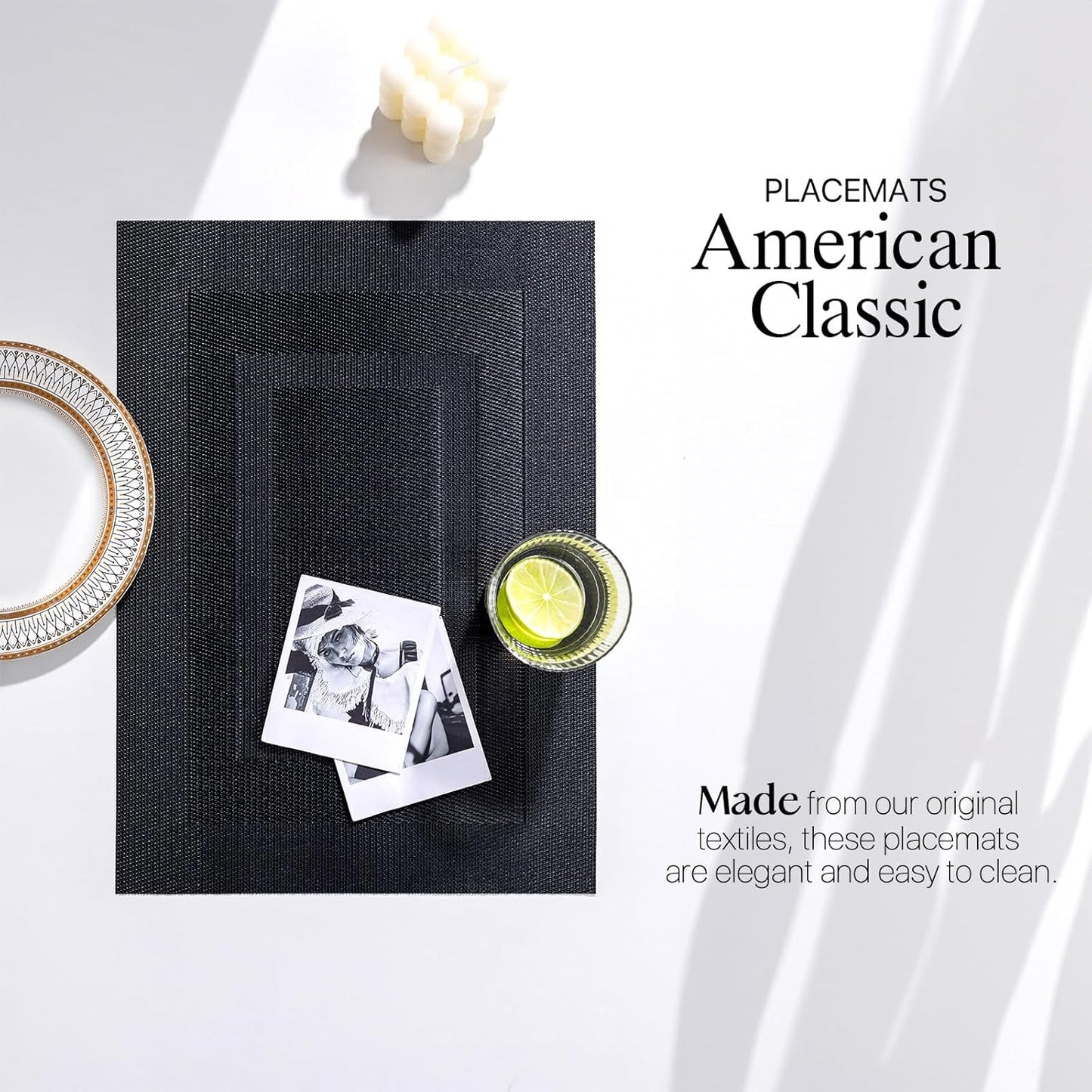 LEXMORE Placemats Set of 8 Vinyl/Plastic Woven Place Mats for Kitchen Table Indoor/Outdoor Washable Placemat Wipeable Dining Table Mats(G-Black Cube)