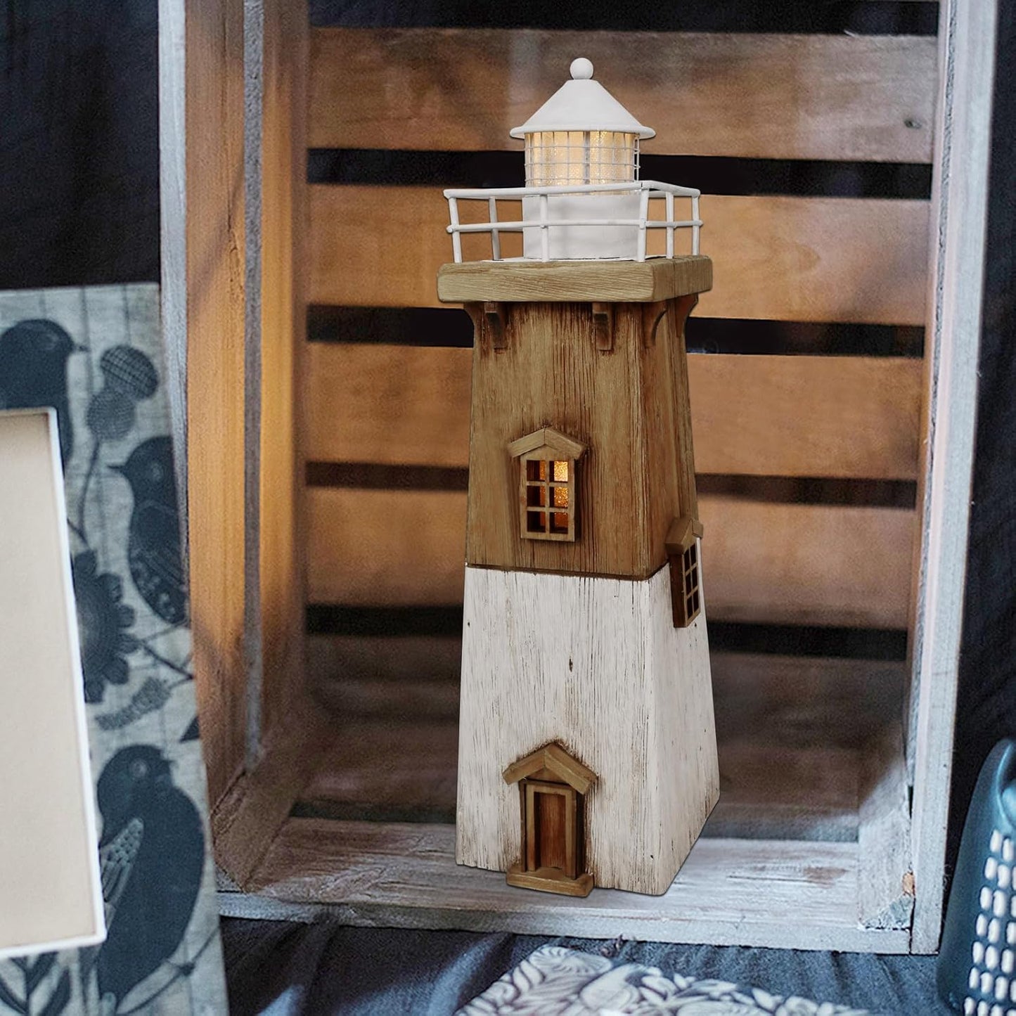 Linfevisi Wood Lighthouse Decor Rustic LED Light House Decor Wooden Decorative Nautical Lighthouse Statue Coastal Beach Themed Lighthouse Handcrafted Tabletop Decoration Home Bathroom (13.78")