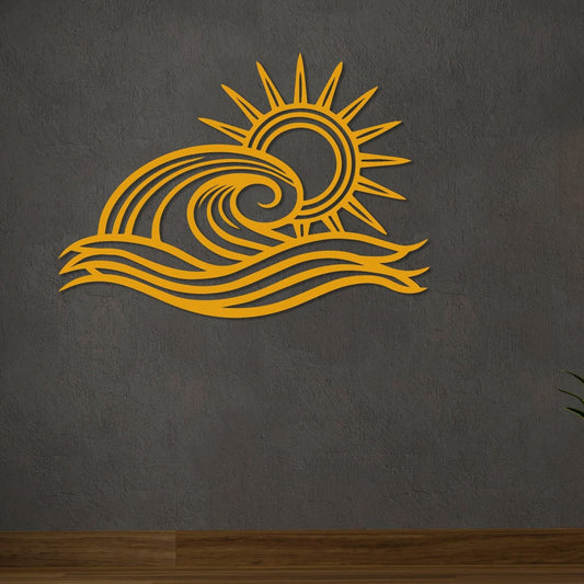 Wita Home Ocean Wave Metal Wall Art, Sun Beach Decor, Coastal Large Wall Sculpture for Home, Indoor/Outdoor Use, Nautical Wall Hanging, Eye-Catching Addition to Living Room (Gold, 18 x 11 inches)