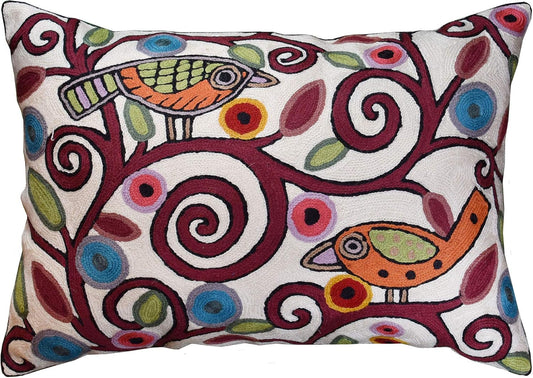 Lumbar Klimt Modern Pillow Cover | Cream, Multicolor Tree of Life, Birds, Floral Suzani Floral Pattern | 14" x 20" | 1 Count
