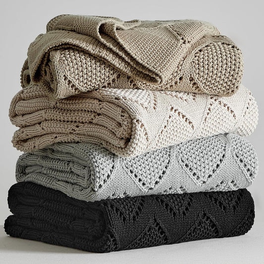 Longhui bedding Chunky Cotton Knit Throw Blanket for Couch, Sofa, Bed, or Chair, Decorative Breathable Fall Cable Knit Blanket 60 x 80 Inches, Large Medium Weight Beige