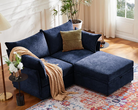 Luxury Modular Sectional Sofa, L-Shaped 3-Seat Couch with Storage Ottoman Deep Seat & Reversible Chaise Lounge Chenille Blue for Compact Spaces, Apartments, Dorm