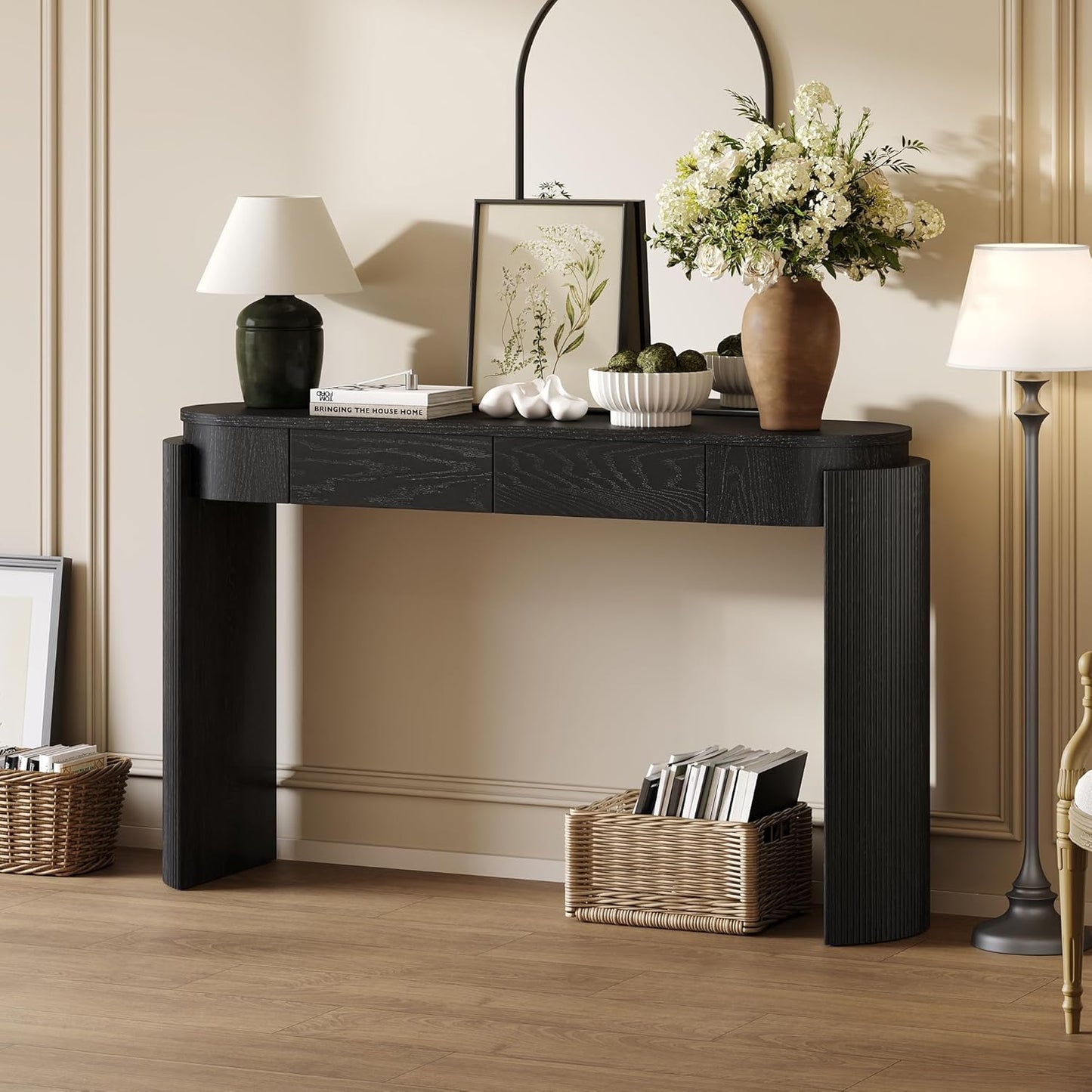 55" Sofa Table with Oval Top and 2 Drawers, Entryway Console Table with Fluted Design for Hallway,Foyer,Entry and Living Room (Fully Assembled-Black)