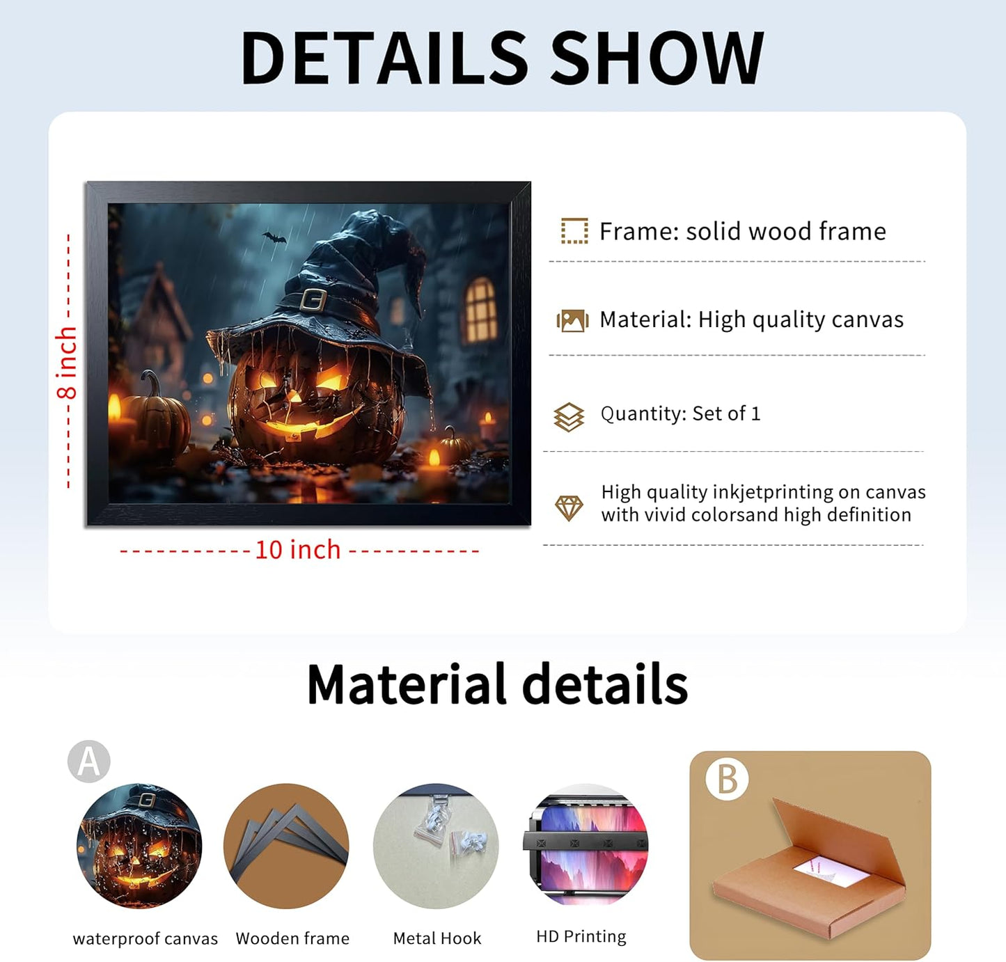 Wood Framed Dark Halloween Pumpkin Wall Art, Gothic Witch Hat Jack-o'-Lantern Canvas Print, Dark Academia Spooky Haunted House Poster Wall Art for Living Room Bedroom Room Aesthetics 8x10 inch