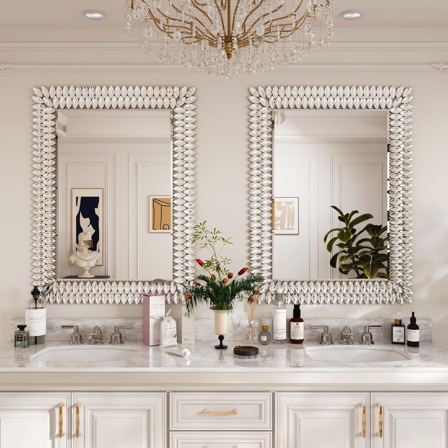 Kelly Miller 30"x40" Jeweled Bathroom Wall Mirror, Large Rectangle Mirror Decorative Mirror Luxury Vanity Mirror with Diamonds for Master Bath Half Bath Living Room Bedroom Fireplace Mantle Entryway