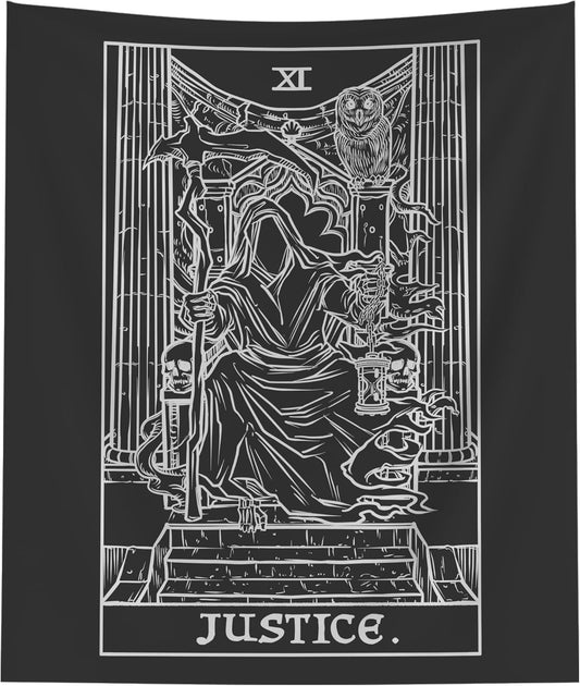 The Ghoulish Garb Justice Tarot Card Tapestry (Black & White) - Grim Reaper - Gothic Halloween Home Decor Wall Hanging (60" x 50")