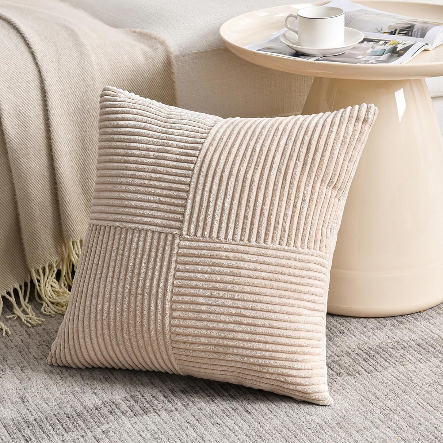Fancy Homi 2 Packs Tan Decorative Throw Pillow Covers 18x18 Inch for Living Room Couch Bed, Rustic Farmhouse Boho Home Decor, Soft Corss Corduroy Patchwork Textured Square Beige Cushion Case 45x45 cm